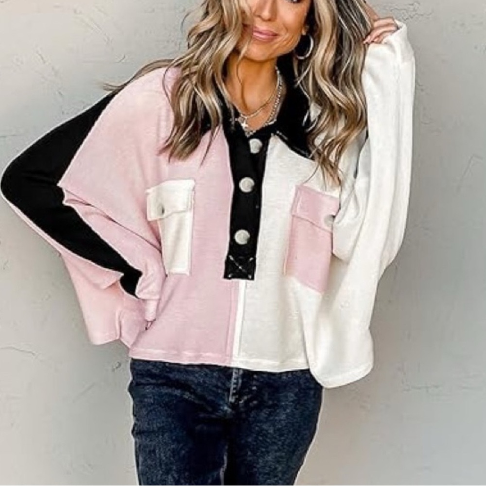 Bucket list Pink and White Colorblock Button-Up Top